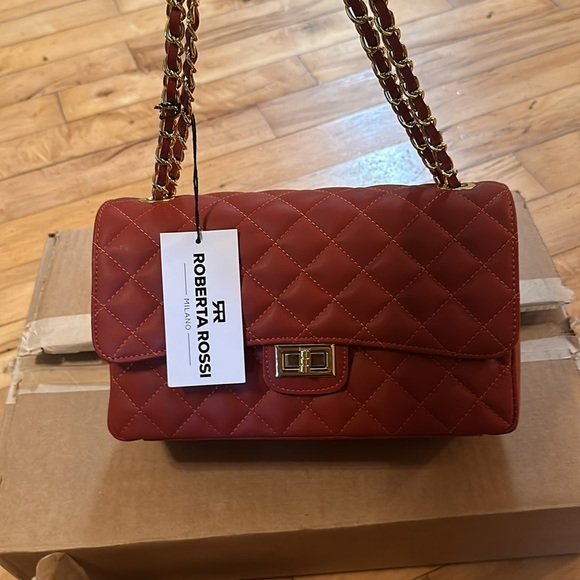 Roberta Rossi leather Quilted xbody turn lock gold chain strap 
Color  Papaya - Picture 4 of 5